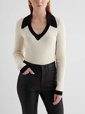Express Silky Soft Fitted Tipped V-Neck Polo Sweater preppy Academia Office chic